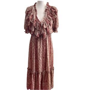 Moon River Anthropologie Cottage Core Peasant Maxi Dress Paisley Stripe Size M